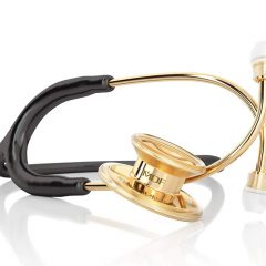 Загальнотерапевтичний стетоскоп MDF Instruments чорного кольору з подвійною металевою головкою та хромованими дугами.