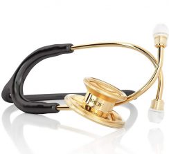 Загальнотерапевтичний стетоскоп MDF Instruments чорного кольору з подвійною металевою головкою та хромованими дугами.