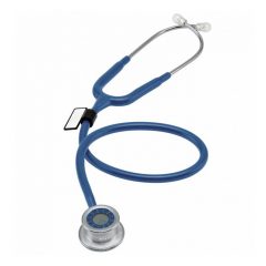 Синій стетоскоп MDF Instruments з хромованою латунною подвійною головкою, товстими акустичними трубками та м'якими силіконовими вушними наконечниками.