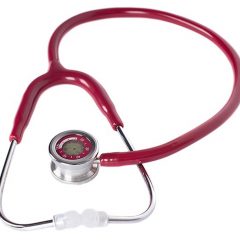 Бордовий педіатричний стетоскоп MDF Instruments з хромованою латунною подвійною головкою, товстими акустичними трубками та м'якими силіконовими вушними наконечниками.