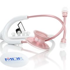 стетоскоп MDF Instruments з хромованою латунною подвійною головкою, товстими акустичними трубками та м'якими силіконовими вушними наконечниками.