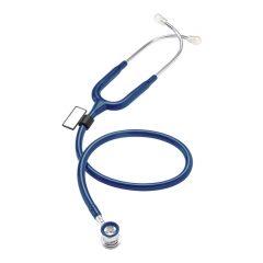 Синій неонатальний стетоскоп MDF Instruments з хромованою латунною подвійною головкою, товстими акустичними трубками та м'якими силіконовими вушними наконечниками.