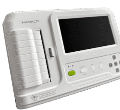 Портативний електрокардіограф Heaco 600 G білого кольору з екраном, панеллю керування та лотком для термопаперу.